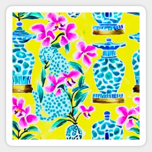 Blue panther, orchids and chinoiserie jars on yellow Sticker